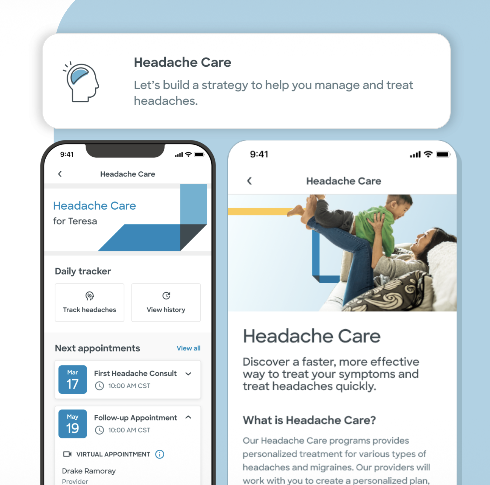 Headache Care app screens showing the patient dashboard with daily tracker and upcoming appointments, alongside the program onboarding screen.