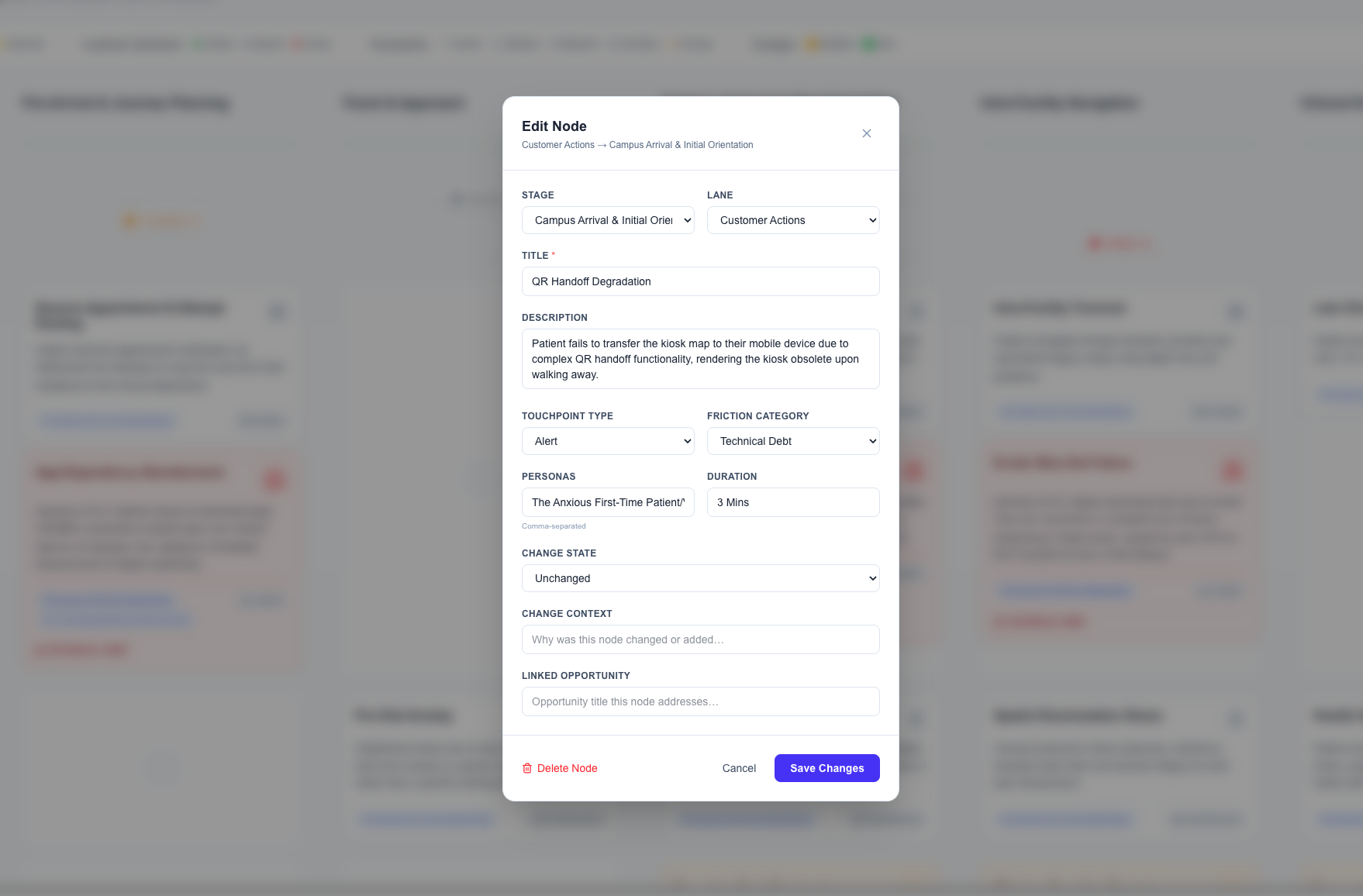 Strategy Studio Edit Node dialog for 'QR Handoff Degradation', with fields for stage, lane, title, description, touchpoint type, friction category, personas, duration, change state, and linked opportunity.